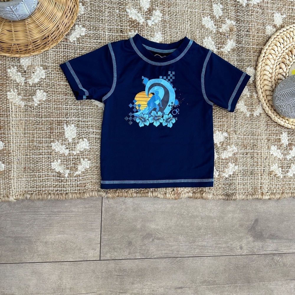 OP Baby Toddler Boy Navy Blue Surfing Graphic Swim Rash Guard Short Sleeve Shirt - Picture 8 of 10
